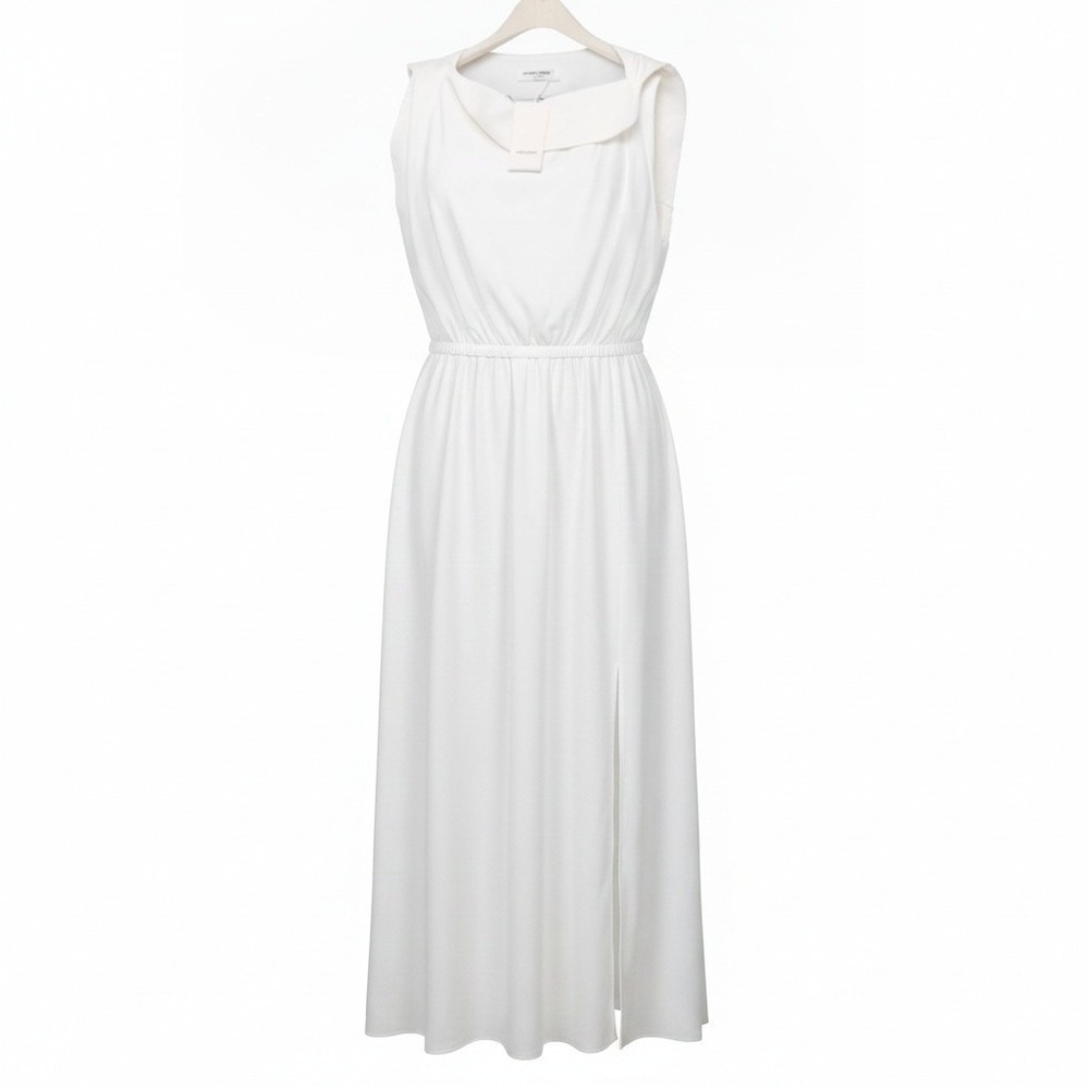 Amanda Uprichard Morrison Dress Women L Ivory White Cowl Neck Midi Slit Cocktail